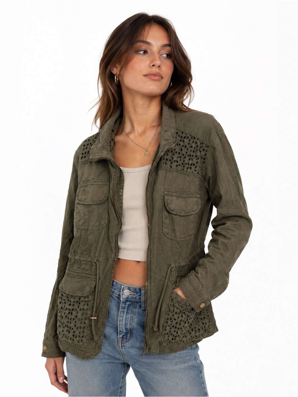 Lucky Brand Olive Green Crochet-Trim Utility Jacket